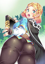 Rule 34 | 1girl, ass, black legwear, blonde hair, blouse, blue shirt, blush, book, braid, breasts, cape, crown braid, fingerless gloves, from behind, from below, gloves, green eyes, hair ornament, hairclip, highres, holding, looking at viewer, looking back, nib pen (medium), nintendo, open mouth, outdoors, pants, parted bangs, pointy ears, princess zelda, shiny clothes, shirt, short hair, sideboob, skin tight, solo, surprised, sweatdrop, takano itsuki, the legend of zelda, the legend of zelda: breath of the wild, the legend of zelda: tears of the kingdom, tight clothes, tight pants, traditional media