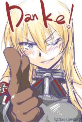 Rule 34 | 10s, 1girl, artist name, bismarck (kancolle), blonde hair, blue eyes, detached sleeves, finger gun, german text, gloves, gorget, kamotama, kantai collection, looking at viewer, military, military uniform, one eye closed, parted lips, simple background, smile, solo, uniform, white background