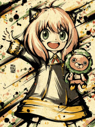 Rule 34 | 1boy, absurdres, anya (spy x family), artist logo, black dress, dress, eden academy school uniform, green eyes, happy, highres, holding, holding stuffed toy, horns, ink wash painting, open mouth, pe51illust, pink hair, school uniform, smile, solo, spy x family, stuffed toy, teeth, tongue, upper body, upper teeth only