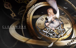 Rule 34 | 1girl, absurdres, angel, angel wings, bandages, blonde hair, blue eyes, chain, clock, clock hands, clockwork, cuffs, english text, feathered wings, feathers, gears, highres, key, l4timeria, original, resolution mismatch, restrained, roman numeral, source larger, winding key, wings