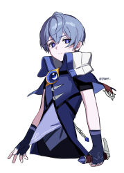 Rule 34 | 1boy, absurdres, blue eyes, blue hair, cowboy shot, elsword, expressionless, fingerless gloves, gloves, high collar, highres, holding, holding weapon, looking at viewer, male focus, noah ebalon, ppower (lu power), short hair, short sleeves, solo, twitter username, weapon, white background