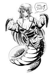 Rule 34 | 10s, 1girl, 2013, bare shoulders, breasts, breasts apart, english text, greyscale, hair ornament, hairclip, happy new year, japanese clothes, kimono, lamia, large breasts, loincloth, long hair, miia (monster musume), monochrome, monster girl, monster musume no iru nichijou, new year, no bra, obi, off shoulder, pointy ears, sash, scales, slit pupils, snake tail, solo, striped, tail, vinhnyu
