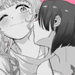 Rule 34 | 2girls, blush, closed mouth, commentary, ear piercing, earrings, greyscale, greyscale with colored background, heart, heart earrings, highres, jewelry, monochrome, multiple girls, nacl 022, necklace, one eye closed, original, piercing, screentones, sparkle, spot color, symbol-only commentary, upper body, yuri
