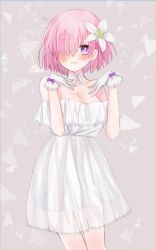 Rule 34 | 1girl, bare legs, bare shoulders, blush, bow, breasts, choker, cleavage, collarbone, dress, fate/grand order, fate (series), flower, gloves, grey background, grin, hair flower, hair ornament, hair over one eye, harukappa, highres, layered dress, looking at viewer, mash kyrielight, mash kyrielight (formal dress), medium breasts, medium hair, off-shoulder dress, off shoulder, official alternate costume, pink eyes, pink hair, purple bow, ribbon, ribbon choker, short dress, smile, solo, standing, straight hair, thigh gap, white dress, white flower, white gloves, white ribbon