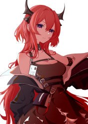 Rule 34 | 1girl, absurdres, arknights, bare shoulders, black dress, black jacket, breasts, camisole, cleavage, commentary, detached collar, dress, hair between eyes, head tilt, highres, horns, jacket, long hair, medium breasts, medium hair, off shoulder, purple eyes, red (aba02), red hair, simple background, solo, surtr (arknights), upper body, very long hair, white background