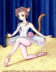 Rule 34 | 00s, 1girl, 2003, animal ears, ballerina, ballet slippers, bewildered, blush, bow, breasts, brown eyes, brown hair, cat ears, cat girl, cat tail, cleavage, collarbone, curtains, flower, head wreath, leotard, looking at viewer, medium breasts, on one knee, pantyhose, pink footwear, pink pantyhose, shoes, short hair, skirt, solo, stage, tail, traditional media, tutu, waist bow, white leotard, white skirt