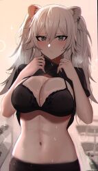 Rule 34 | 1girl, absurdres, animal ears, black bra, blush, bra, breasts, cleavage, clothes lift, commentary, ear piercing, english commentary, grey eyes, grey hair, highres, hololive, kotodekun, large breasts, lifted by self, lion ears, lion girl, long hair, looking at viewer, navel, piercing, shiny skin, shirt lift, shishiro botan, solo, sparkle, sweat, underwear, virtual youtuber, wet