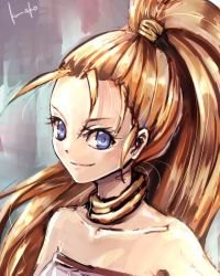 Rule 34 | 1girl, bare shoulders, blonde hair, blue eyes, chrono trigger, closed mouth, highres, long hair, looking at viewer, marle (chrono trigger), mizuki1196, ponytail, simple background, smile, solo
