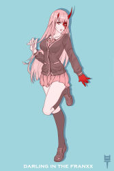 Rule 34 | 1girl, absurdres, black cardigan, black socks, blue background, breasts, brown eyes, brown footwear, cardigan, collared shirt, commentary, copyright name, darling in the franxx, drop shadow, english commentary, full body, hand up, highres, holding hands, horns, kneehighs, loafers, long hair, long sleeves, looking at viewer, medium breasts, necktie, open mouth, pink hair, pink necktie, pink skirt, pleated skirt, school uniform, shirt, shoes, skirt, socks, solo, standing, standing on one leg, very long hair, white shirt, zero two (darling in the franxx), zhanghan
