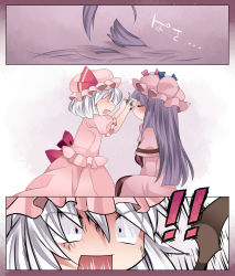 Rule 34 | 2girls, bat wings, blunt bangs, blush, closed eyes, comb, commentary request, cutting hair, hammer (sunset beach), hat, long hair, multiple girls, open mouth, patchouli knowledge, purple hair, remilia scarlet, scissors, silver hair, skirt, skirt set, smile, touhou, wings