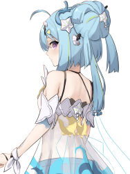 Rule 34 | 1girl, ahoge, bare shoulders, blue hair, breasts, closed mouth, commentary request, from behind, green hair, griseo, griseo (starry impression), hair between eyes, hair bun, hair ornament, heart, heart hair ornament, highres, honkai (series), honkai impact 3rd, looking at viewer, looking back, multicolored hair, purple eyes, see-through, simple background, small breasts, solo, starfish hair ornament, streaked hair, ura (hamburg oniku), white background