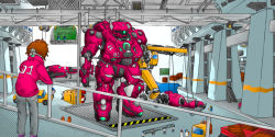 Rule 34 | boxes, cable, cold, crate, gun, hangar, helmet, jacket, machinery, mecha, motor vehicle, multiple boys, pink jacket, rifle, robot, self-upload, sniper rifle, snow, truck, weapon
