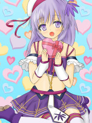Rule 34 | 1girl, arm warmers, blue background, blush, boots, box, box of chocolates, detached sleeves, flower knight girl, hat, heart, heart background, highres, holding, jewelry, kneeling, long hair, looking at viewer, midriff, necklace, open mouth, purple eyes, purple footwear, purple hair, purple shirt, purple skirt, sailor hat, sawagikyou (flower knight girl), shirt, short sleeves, skirt, smile, strapless, thighhighs, tube top, weru, white headwear, white thighhighs
