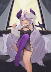 Rule 34 | 1girl, ahoge, arm up, armpits, asymmetrical legwear, bare shoulders, couch, crotch, demon girl, detached sleeves, fangs, feet, flustered, highres, hip vent, hololive, holox, horns, jmao, la+ darknesss, long ears, long hair, looking forward, multicolored hair, nail polish, one leg raised, open clothes, open mouth, pillow, pink liquid, purple hair, purple legwear, purple nails, revision, silver hair, streaked hair, sweat, tail, test tube, thighs, toes, virtual youtuber, yellow eyes