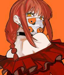 Rule 34 | 1girl, bare shoulders, black choker, chainsaw man, character print, choker, dress, earrings, highres, jewelry, looking back, makima (chainsaw man), mask, mouth mask, off shoulder, orange background, pochita (chainsaw man), ponytail, red dress, red hair, ringed eyes, sailen0, single earring, yellow eyes
