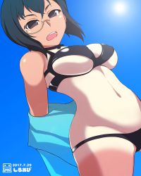 Rule 34 | 10s, 1girl, absurdres, bikini, black hair, blush, breasts, brown eyes, dated, day, from below, girls und panzer, groin, hair between eyes, highres, kawashima momo, large breasts, monocle, navel, one-piece tan, solo, swimsuit, tan, tanline, thighhighs, v-shaped eyebrows