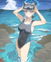 Rule 34 | 1girl, animal ear fluff, animal ears, basket, black one-piece swimsuit, blue archive, blue eyes, blue sky, breasts, cloud, competition swimsuit, covered navel, cross hair ornament, day, diving mask, diving mask on head, extra ears, goggles, goggles on head, grey hair, hair ornament, halo, horizon, low ponytail, medium breasts, medium hair, mismatched pupils, multicolored clothes, multicolored swimsuit, official alternate costume, one-piece swimsuit, outdoors, rock, shiroko (blue archive), shiroko (swimsuit) (blue archive), sky, snorkel, solo, swimsuit, wading, water, wolf ears, yakihoko