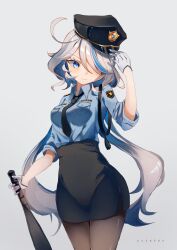 Rule 34 | 1girl, absurdres, ahoge, artist name, black hat, black necktie, black skirt, blue eyes, blue hair, blue shirt, breast pocket, breasts, collared shirt, commentary, english commentary, furina (genshin impact), genshin impact, gloves, grey background, hair over one eye, hat, highres, holding, long hair, long sleeves, medium breasts, multicolored hair, necktie, pantyhose, peaked cap, pocket, police, police badge, police hat, police uniform, policewoman, pota ken, shirt, skirt, sleeves rolled up, smile, solo, standing, streaked hair, uniform, white gloves, white hair