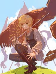 Rule 34 | 1girl, absurdres, blonde hair, brown footwear, brown vest, clear sky, flag, fyy2333, grass, green eyes, highres, holding, holding sword, holding weapon, kneeling, lips, long sleeves, lord of the mysteries, nail polish, reaching, shadow, shirt, short hair, sky, smile, solo, sword, vest, weapon, white shirt, xio derecha