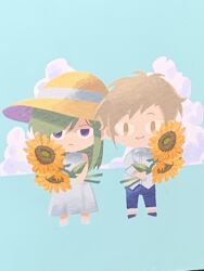 Rule 34 | 1boy, 1girl, :3, blue pants, blue sky, brown eyes, chibi, closed mouth, cloud, commentary request, day, dress, flower, frown, green hair, hat, highres, holding, holding flower, jitome, kagerou project, kano shuuya, kido tsubomi, light brown hair, long hair, long sleeves, looking at viewer, mokemoke chan, outdoors, pants, purple eyes, sanpaku, shirt, short hair, sky, sleeveless, sleeveless dress, standing, sun hat, sunflower, untucked shirt, white dress, white shirt, yellow flower, yellow hat