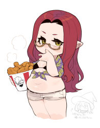 Rule 34 | 2girls, arrow (symbol), bikini, black bikini, blush, breasts, chicken (food), cropped legs, elezen, elf, fat, final fantasy, final fantasy xiv, finger sucking, fried chicken, hair over one eye, hat, highres, holding, kfc, lalafell, long hair, looking at viewer, medium hair, multiple girls, navel, obese, obese female, parody, plump, pointy ears, puff of air, short shorts, short sleeves, shorts, simple background, small breasts, swimsuit, thick arms, thick thighs, thighs, translation request, warrior of light (ff14), white background, witch hat, yellow eyes, zombiemiso