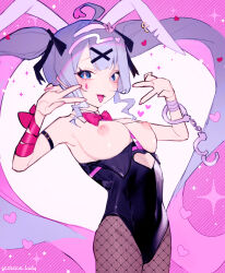 Rule 34 | 1girl, :p, ahoge, animal ears, black leotard, blue eyes, blue hair, breasts, breasts out, clothing cutout, cuffs, double v, fake animal ears, fishnet pantyhose, fishnets, hair ornament, handcuffs, hatsune miku, heart cutout, highres, leotard, long hair, looking at viewer, medium breasts, nipples, pantyhose, playboy bunny, rabbit ears, rabbit hole (vocaloid), smile, solo, teardrop facial mark, tongue, tongue out, twintails, v, very long hair, virgo (artist), vocaloid, x hair ornament
