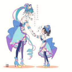 Rule 34 | 2girls, aoi tete, aqua hair, black hair, blue pantyhose, blush, boots, commentary, cosplay, cure spicy, cure spicy (cosplay), delicious party precure, dress, fuwa kokone, gloves, hair ornament, high heel boots, high heels, highres, long hair, magical girl, multicolored hair, multiple girls, pantyhose, pink hair, ponytail, precure, side ponytail, simple background, speech bubble, standing, streaked hair, symbol-only commentary, translation request, two-tone hair, white background