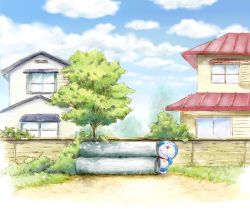 Rule 34 | bad id, bad pixiv id, cloud, day, doraemon, doraemon (character), grass, hand to own mouth, house, industrial pipe, no humans, sky, tree