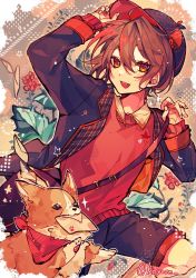 Rule 34 | 1boy, ahoge, bag, brown hair, coat, collared shirt, dog, hair between eyes, hat, highres, holding, holding clothes, holding hat, koyose, leaf, letter, long sleeves, looking at viewer, mailman, male focus, maple leaf, open mouth, original, red eyes, scarf, shiba inu, shirt, short hair, shorts, shoulder bag, solo