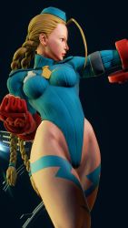 Rule 34 | 1girl, 3d, antenna hair, bare shoulders, blonde hair, blue eyes, blue hat, blue leotard, braid, breasts, cammy white, clenched hand, covered navel, curvy, gloves, groin, hat, highleg, highleg leotard, highres, large breasts, leotard, lips, long hair, red gloves, ryona, screencap, shiny clothes, solo, street fighter, street fighter v, thighs, third-party edit, thong leotard, twin braids, very long hair, wide hips