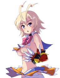 Rule 34 | 1girl, amanohara minori, arcana heart, blonde hair, breasts, clothes lift, highres, large breasts, legs, looking at viewer, navel, open mouth, panties, purple eyes, short hair, skirt, skirt lift, solo, thighs, underboob, underwear, white panties