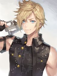 Rule 34 | 10s, 1boy, armpits, black shirt, blonde hair, blouse, blue eyes, blurry, depth of field, final fantasy, final fantasy xv, fingerless gloves, gloves, gun, highres, looking at viewer, male focus, momoko (momopoco), prompto argentum, shirt, solo, spiked hair, swept bangs, v-shaped eyebrows, weapon