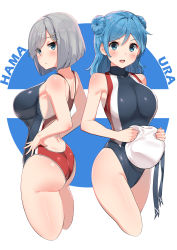 Rule 34 | 2girls, ass, bad id, bad pixiv id, blue eyes, blue hair, breasts, butt crack, commentary request, double bun, green hair, hair bun, hair ornament, hairclip, hamakaze (kancolle), hat, highres, holding, holding clothes, holding hat, kantai collection, large breasts, long hair, looking at viewer, multiple girls, one-piece swimsuit, open mouth, osananajimi neko, parted lips, sailor hat, short hair, swimsuit, teeth, unworn hat, unworn headwear, urakaze (kancolle), white headwear