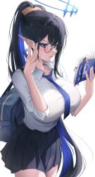 Rule 34 | 1girl, bag, black hair, black skirt, blue archive, blue eyes, blue hair, blue halo, blue necktie, blush, book, breasts, collared shirt, colored inner hair, cowboy shot, earrings, giga-tera, glasses, halo, highres, holding, holding book, jewelry, large breasts, long hair, multicolored hair, necktie, open book, open mouth, pen, pleated skirt, pointy ears, rin (blue archive), school bag, shirt, simple background, skirt, solo, very long hair, white background, white shirt