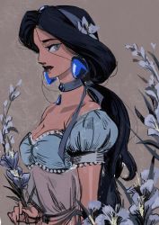 Rule 34 | 1girl, aladdin (disney), arms at sides, bare shoulders, beige background, black hair, black lips, blouse, blue choker, blue flower, blue hairband, blue shirt, breasts, choker, cleavage, dark-skinned female, dark skin, diadem, earrings, egyptian clothes, eyelashes, flower, from side, grey background, grey eyes, hair flower, hair ornament, hair strand, hairband, highres, holding, holding flower, jasmine (disney), jewelry, leaf, lips, long eyelashes, long hair, low ponytail, masso, medium breasts, off shoulder, pendant, pendant choker, profile, puffy short sleeves, puffy sleeves, see-through, shiny skin, shirt, short sleeves, simple background, solo, strapless, thick eyebrows, thick lips, tube top, upper body, very long hair