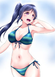 Rule 34 | 1girl, :d, arm behind head, bare arms, bikini, blue hair, blush, breasts, cleavage, collarbone, front-tie bikini top, front-tie top, halterneck, high ponytail, highres, large breasts, long hair, looking to the side, love live!, love live! sunshine!!, matsuura kanan, navel, open mouth, ponytail, purple eyes, side-tie bikini bottom, smile, solo, string bikini, striped bikini, striped clothes, swimsuit, teeth, upper teeth only, yopparai oni