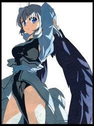Rule 34 | 1girl, absurdres, ahoge, ainu clothes, aquaplus, arms behind head, arms up, ass, bare legs, black wings, blue eyes, blue hair, breasts, cowboy shot, dress, feathered wings, hair between eyes, highres, camyu, large wings, looking at viewer, medium breasts, medium hair, parted lips, pex, raised eyebrows, solo, taut clothes, thighs, utawarerumono, wings