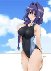 Rule 34 | 1girl, absurdres, blue eyes, blush, braid, breasts, cloud, collarbone, competition swimsuit, covered navel, day, hair intakes, hair over shoulder, highres, impossible clothes, impossible swimsuit, kanon, large breasts, long hair, looking at viewer, mature female, minase akiko, mitarashi kousei, one-piece swimsuit, purple hair, signature, single braid, smile, solo, swimsuit