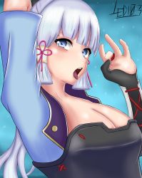 Rule 34 | 1girl, absurdres, armor, ayaka (genshin impact), breastplate, breasts, cleavage, fang, genshin impact, grey eyes, highres, led103, long hair, looking at viewer, medium breasts, open mouth, ponytail, shiny skin, silver hair, solo, tongue, tongue out