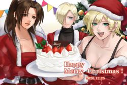 Rule 34 | 3girls, alice garnet nakata, artist request, blonde hair, blue eyes, breasts, brown hair, christmas, cleavage, green eyes, hat, highres, king (snk), large breasts, long hair, multiple girls, santa hat, shiranui mai, snk, source request, the king of fighters