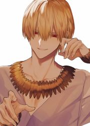 Rule 34 | 1boy, albino (a1b1n0623), alternate hairstyle, bad id, bad twitter id, blonde hair, close-up, collarbone, fate/grand order, fate/stay night, fate/zero, fate (series), finger to face, gilgamesh (fate), hair between eyes, highres, jewelry, male focus, official alternate costume, pectorals, red eyes, smile, solo, white background