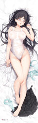 Rule 34 | 1girl, arm at side, bare arms, bare legs, bare shoulders, bed sheet, black hair, black one-piece swimsuit, blue eyes, bra, unworn bra, breasts, covered erect nipples, dakimakura (medium), feet, from above, full body, groin, hand up, highleg, highleg swimsuit, highres, knee up, large breasts, legs, long hair, looking at viewer, lying, nipples, on back, on bed, one-piece swimsuit, original, panties, unworn panties, parted lips, see-through, senji (tegone spike), shirt, unworn shirt, skirt, unworn skirt, solo, swimsuit, toes, underwear, very long hair, wet, wet clothes, wet swimsuit, white shirt
