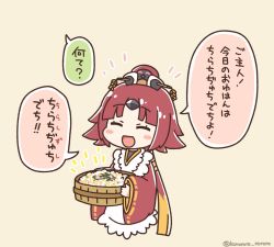 Rule 34 | 1girl, :d, ^ ^, apron, benienma (fate), blonde hair, blush stickers, brown hat, closed eyes, commentary request, fate/grand order, fate (series), food, hat, holding, japanese clothes, kimono, kurororo rororo, long hair, long sleeves, mini hat, multicolored hair, notice lines, open mouth, red hair, red kimono, sleeves past wrists, smile, solo, translation request, twitter username, two-tone hair, very long hair, white apron, wide sleeves