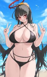 Rule 34 | 1girl, beach, bikini, black bikini, black hair, black nails, blue archive, blue sky, blunt bangs, blush, breasts, cloud, commentary, cowboy shot, criss-cross halter, day, double v, gluteal fold, halterneck, head tilt, highres, kuavera, large breasts, long hair, looking at viewer, low wings, multi-strapped bikini bottom, nail polish, navel, ocean, official alternate costume, outdoors, red eyes, sky, solo, standing, stomach, swimsuit, thighs, tsurugi (blue archive), tsurugi (swimsuit) (blue archive), v, very long hair, water, wings