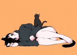Rule 34 | 1girl, animal ear fluff, animal ears, bare legs, barefoot, black cat, black eyes, black hair, blush, blush stickers, bottomless, cat, cat ears, cat girl, cat on person, cat tail, convenient leg, emphasis lines, feet, full body, grey hoodie, highres, hood, hoodie, knees to chest, looking at viewer, lying, megateru, nose blush, on side, orange background, original, oversized clothes, solo, tail, toes