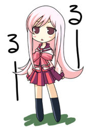 Rule 34 | 00s, 1girl, brown hair, chibi, chibi only, full body, long hair, lowres, lucy maria misora, open mouth, pink hair, pleated skirt, red skirt, sailor collar, school uniform, shirt, simple background, skirt, solo, standing, to heart (series), to heart 2, triangle mouth, very long hair, white background, white shirt