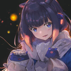 Rule 34 | 1girl, black background, blue eyes, blue jacket, blunt bangs, enpera, fang, highres, holding, hololive, hololive english, jacket, long hair, looking at viewer, mittens, ninomae ina&#039;nis, open mouth, purple hair, scarf, simple background, smile, solo, takodachi (ninomae ina&#039;nis), tallgeese (lgeesel), upper body, virtual youtuber, white mittens, white scarf
