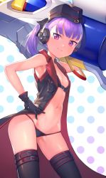 Rule 34 | 1girl, absurdres, armpits, bikini, black hat, black thighhighs, breasts, coat, cowboy shot, en@rain, fate/grand order, fate (series), garrison cap, gloves, hand on own hip, hat, headphones, helena blavatsky (fate), helena blavatsky (swimsuit archer) (fate), helena blavatsky (swimsuit archer) (third ascension) (fate), highres, hip focus, holding, holding weapon, looking at viewer, navel, open clothes, open coat, polka dot, polka dot background, ponytail, purple eyes, purple hair, short hair, sleeveless, sleeveless coat, small breasts, smile, solo, swimsuit, thighhighs, weapon, white background