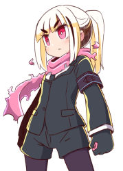 Rule 34 | 1girl, armband, black gloves, black jacket, black necktie, black shorts, blonde hair, commentary request, gloves, highres, jacket, long hair, long sleeves, looking away, naga u, necktie, nippon ichi, nis america, pantyhose, pantyhose under shorts, pink scarf, poison control, ponytail, protagonist, purple pantyhose, red eyes, scarf, short shorts, shorts, shoujo jigoku no doku musume, sidelocks, simple background, solo, standing, thick eyebrows, torn clothes, torn scarf, v-shaped eyebrows, white background