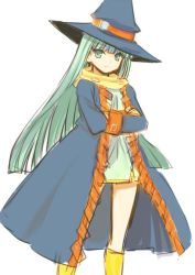 Rule 34 | 1girl, blunt bangs, boots, crossed arms, dress, green eyes, green hair, hat, light smile, long coat, long hair, masou shizuka, matching hair/eyes, miniskirt, orion (orionproject), rance (series), scarf, short dress, simple background, sketch, skirt, solo, very long hair, white background, witch hat